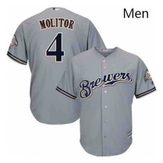 Mens Majestic Milwaukee Brewers 4 Paul Molitor Replica Grey Road Cool Base MLB Jersey